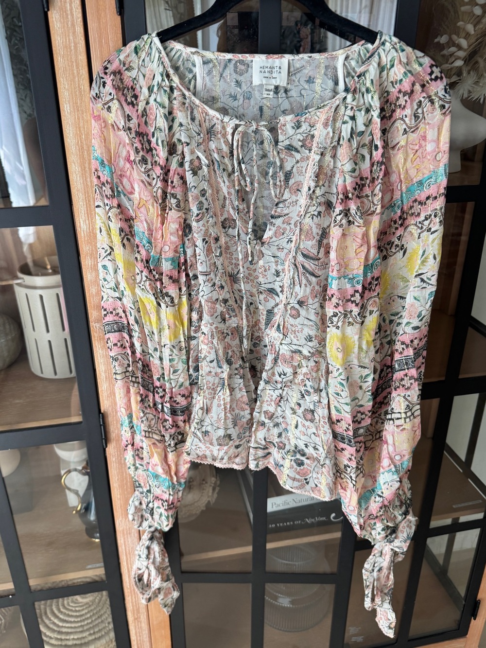 Hemant & Nandita blouse top long sleeve tie front mixed print floral patchwork